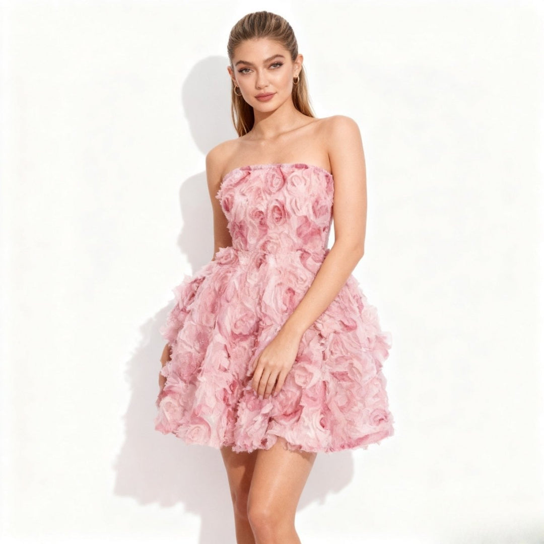 Women's Elegant Strapless Mini Homecoming Dress with Rosette Cocktail & Formal Dress from Clara & James Palm Beach