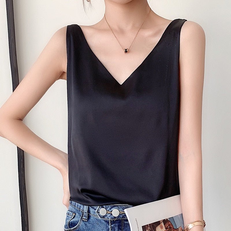 Women's Classic Relaxed Fit Satin Tank with V-Neck Everyday Top & Bottom from Clara & James Palm Beach