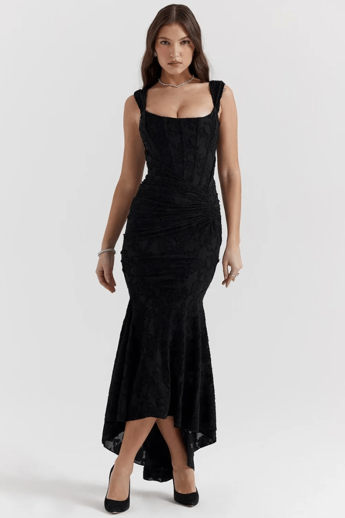 Women's Elegant Maxi Wedding Guest Dress with Ruched Waist Wedding Guest Dress from Clara & James Palm Beach