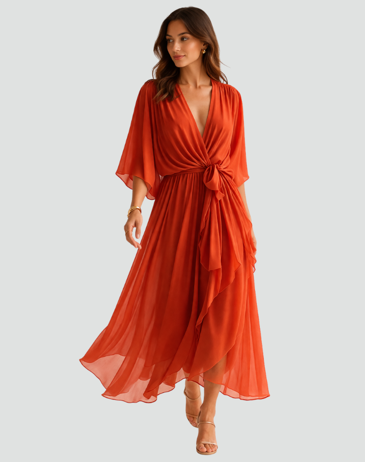 Women's Elegant Midi Wedding Guest Dress with Wrap Neckline Wedding Guest Dress from Clara & James Palm Beach