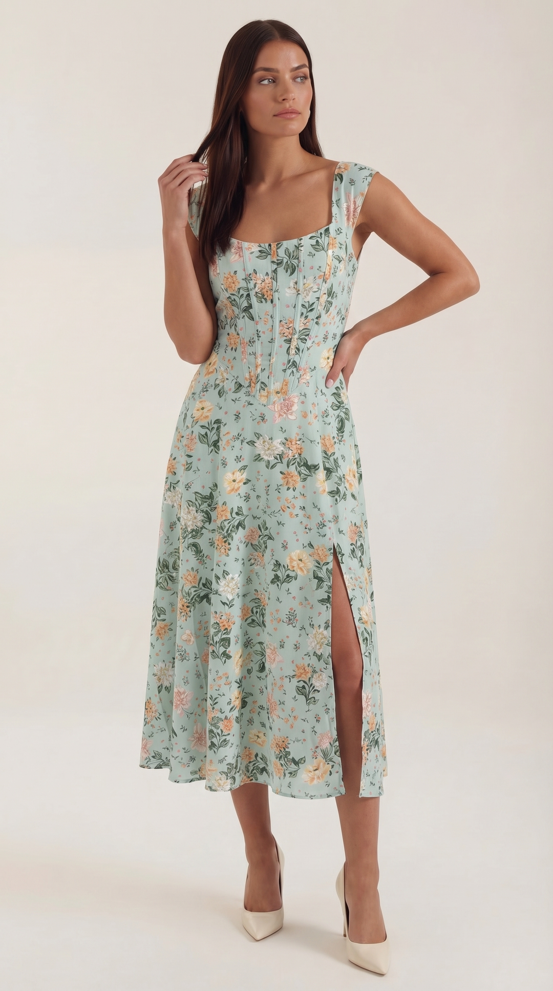 Women's Elegant Floral Midi Wedding Guest Dress with Side Slit Wedding Guest Dress from Clara & James Palm Beach