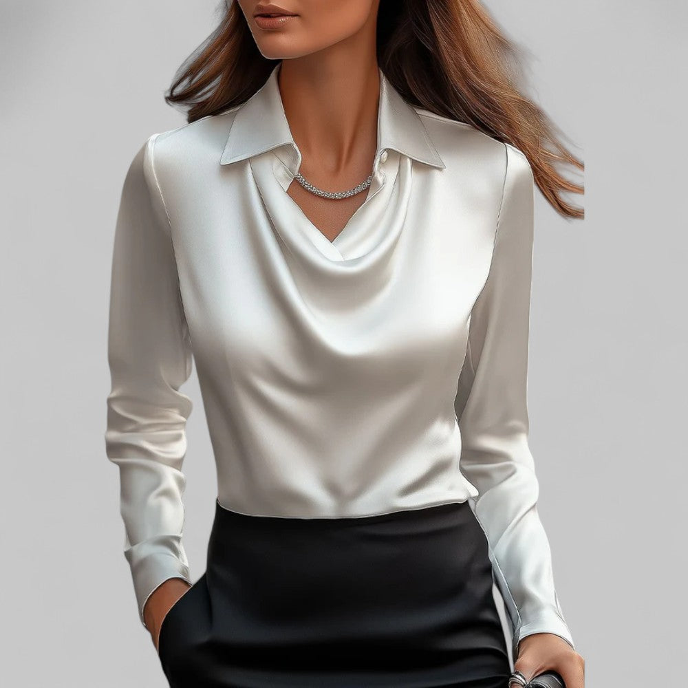 Women's Elegant Draped Neck Blouse with Long Sleeves Everyday Top & Bottom from Clara & James Palm Beach