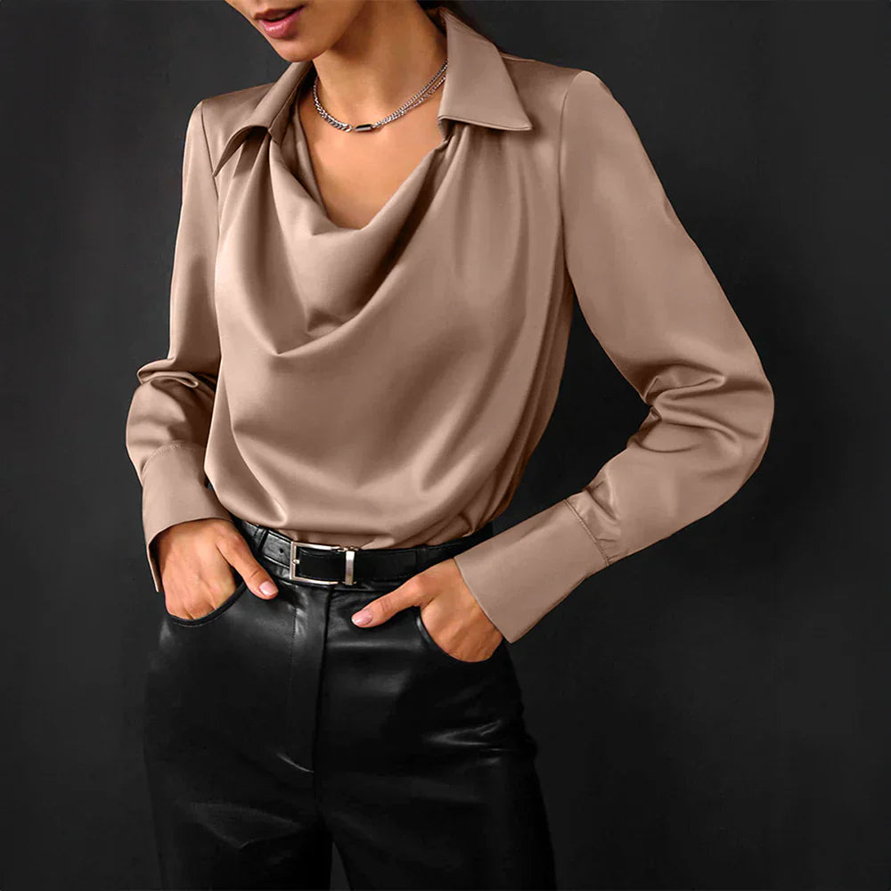 Women's Elegant Draped Neck Blouse with Long Sleeves Everyday Top & Bottom from Clara & James Palm Beach