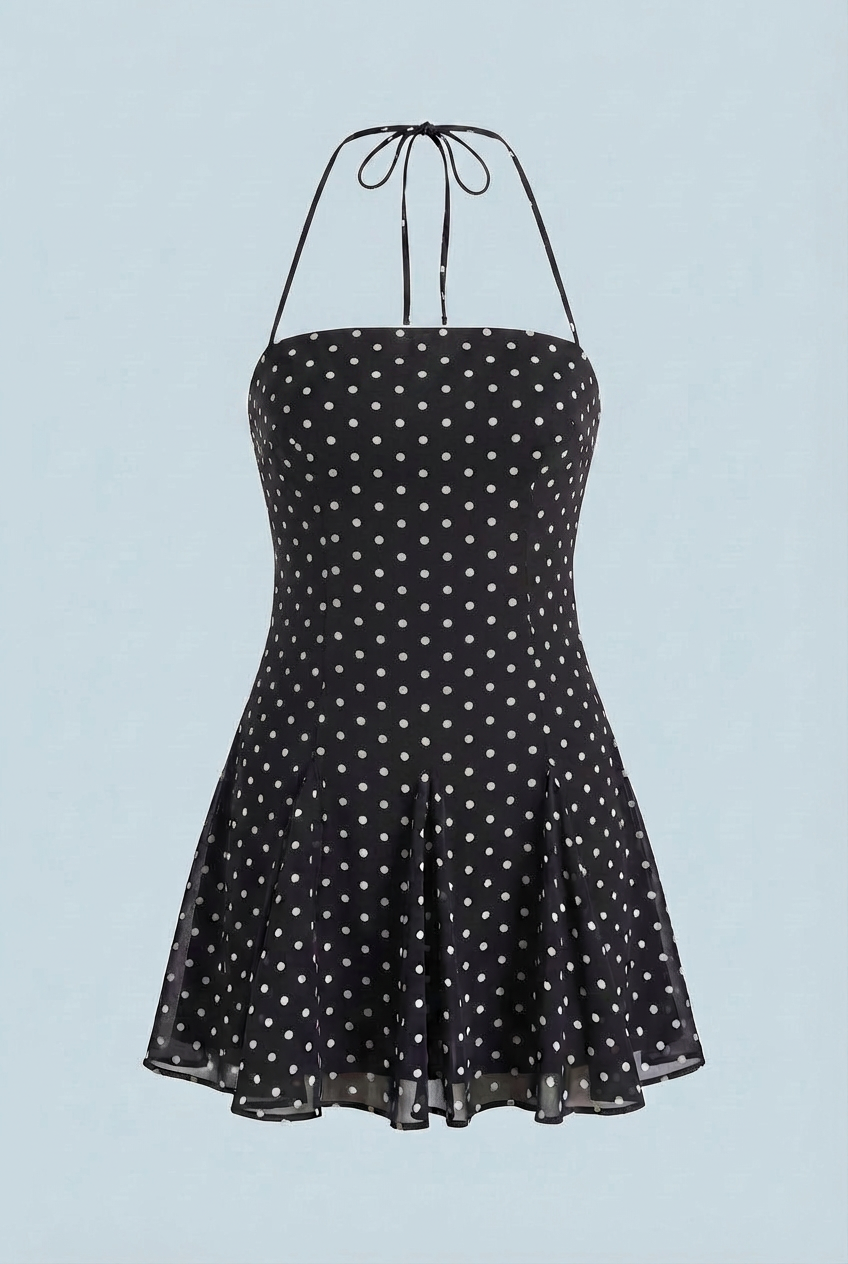 Women's Flared Black Mini Dress with Polka Dot Print Homecoming Dress from Clara & James Palm Beach