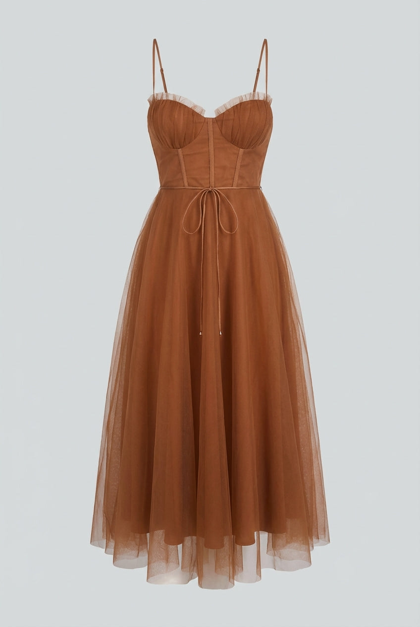 Women's Elegant Rust Chiffon Midi Dress with Ruffle Trim Summer Dress from Clara & James Palm Beach