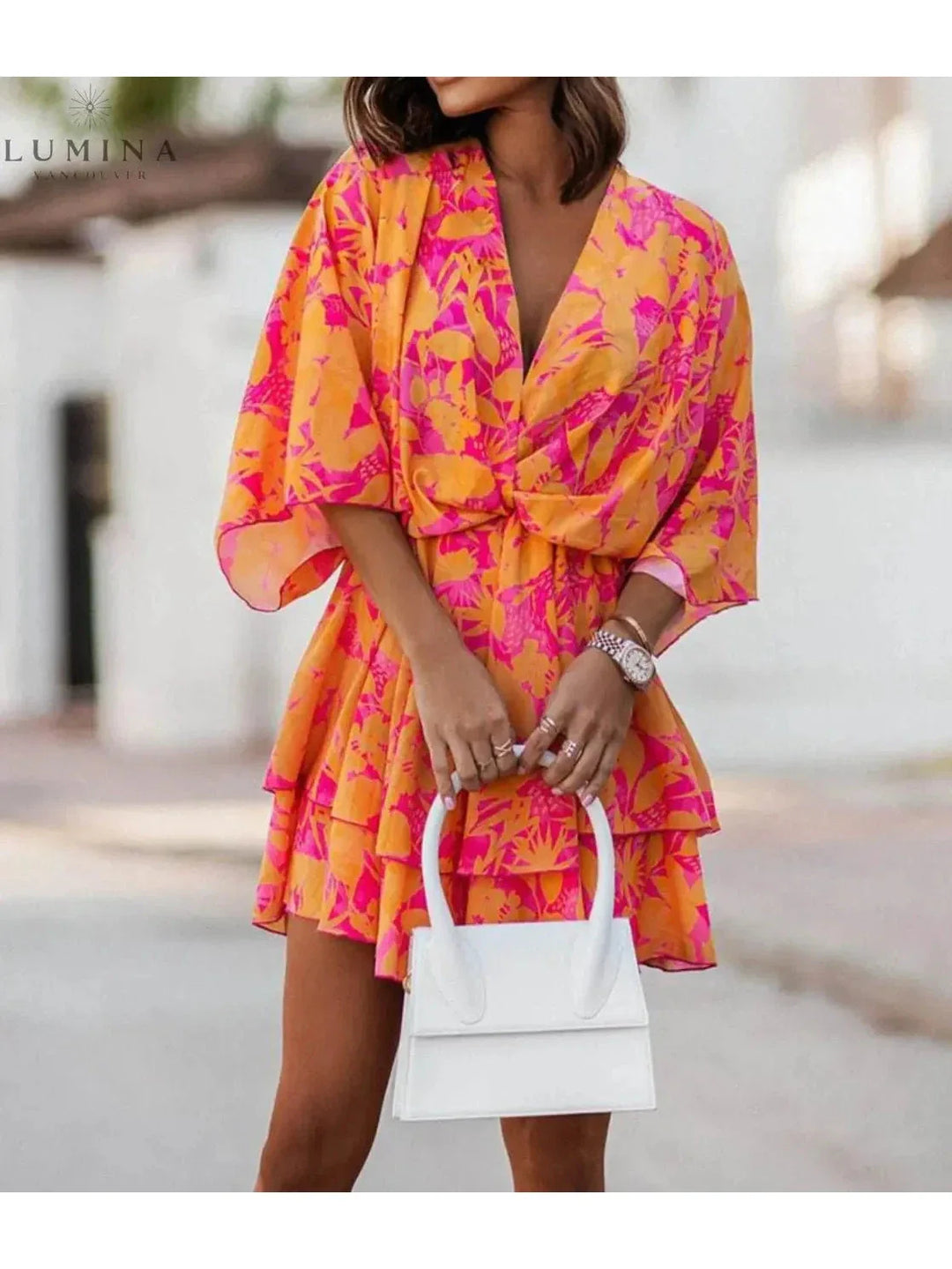 Women's Bohemian Floral Mini Dress Homecoming Dress from Clara & James Palm Beach