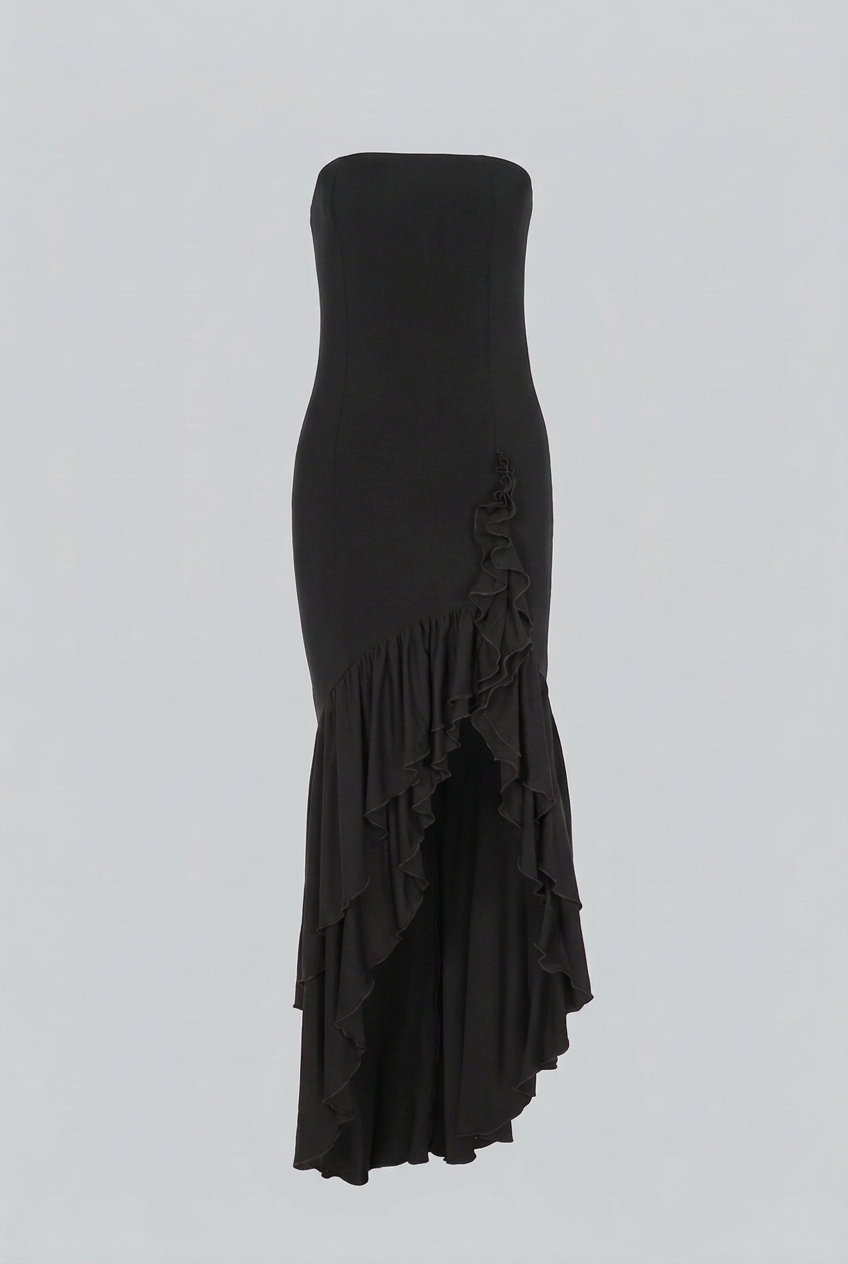 Women's Elegant Black Maxi Dress with Asymmetrical Ruffle Summer Dress from Clara & James Palm Beach