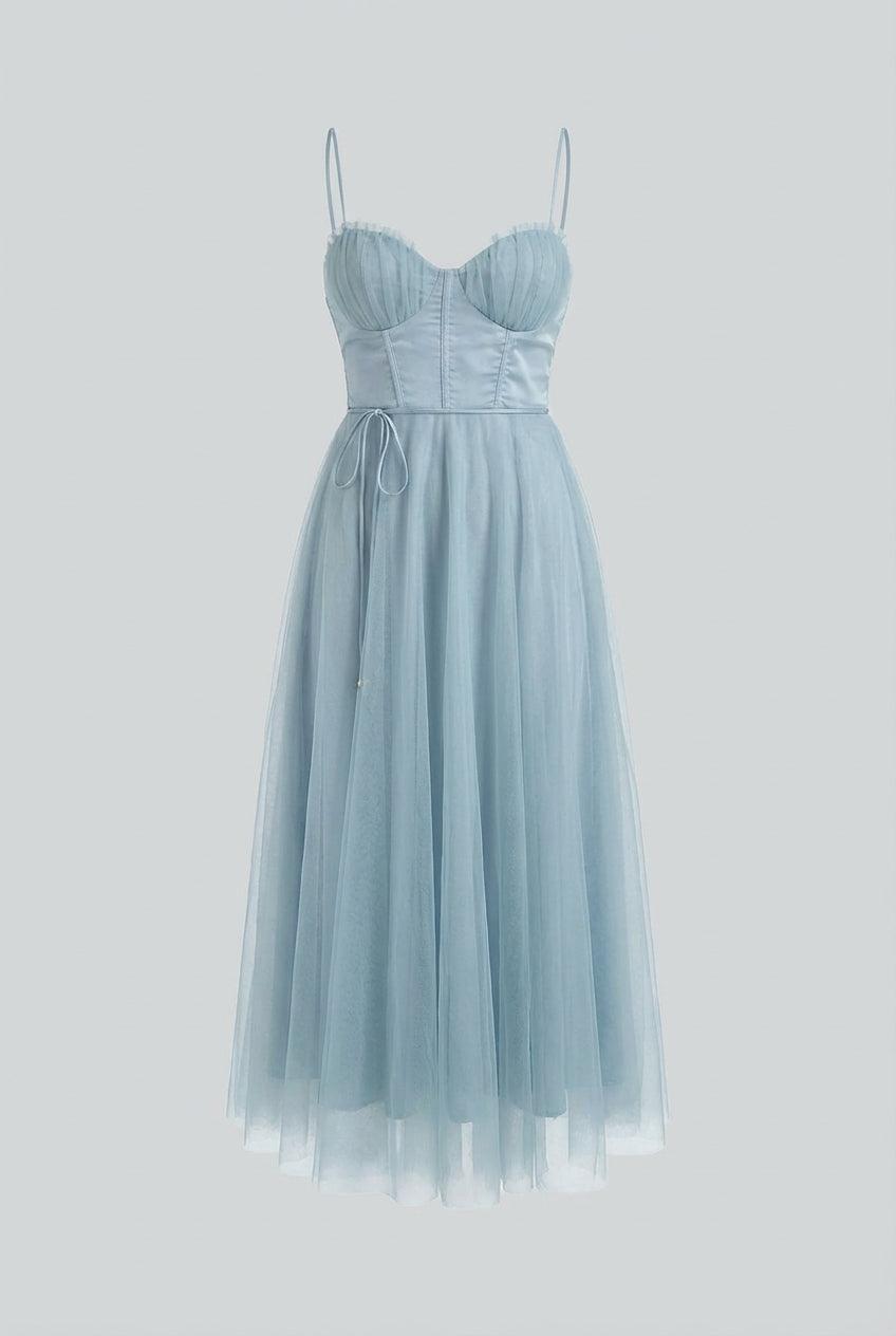 Women's Elegant Blue Midi Wedding Guest Dress with Flattering Wedding Guest Dress from Clara & James Palm Beach