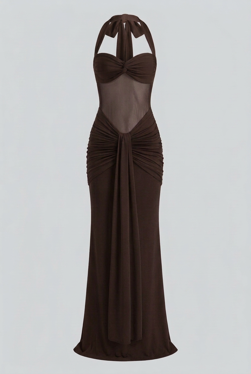 Women's Elegant Dark Brown Halter Cocktail Dress with Cocktail & Formal Dress from Clara & James Palm Beach
