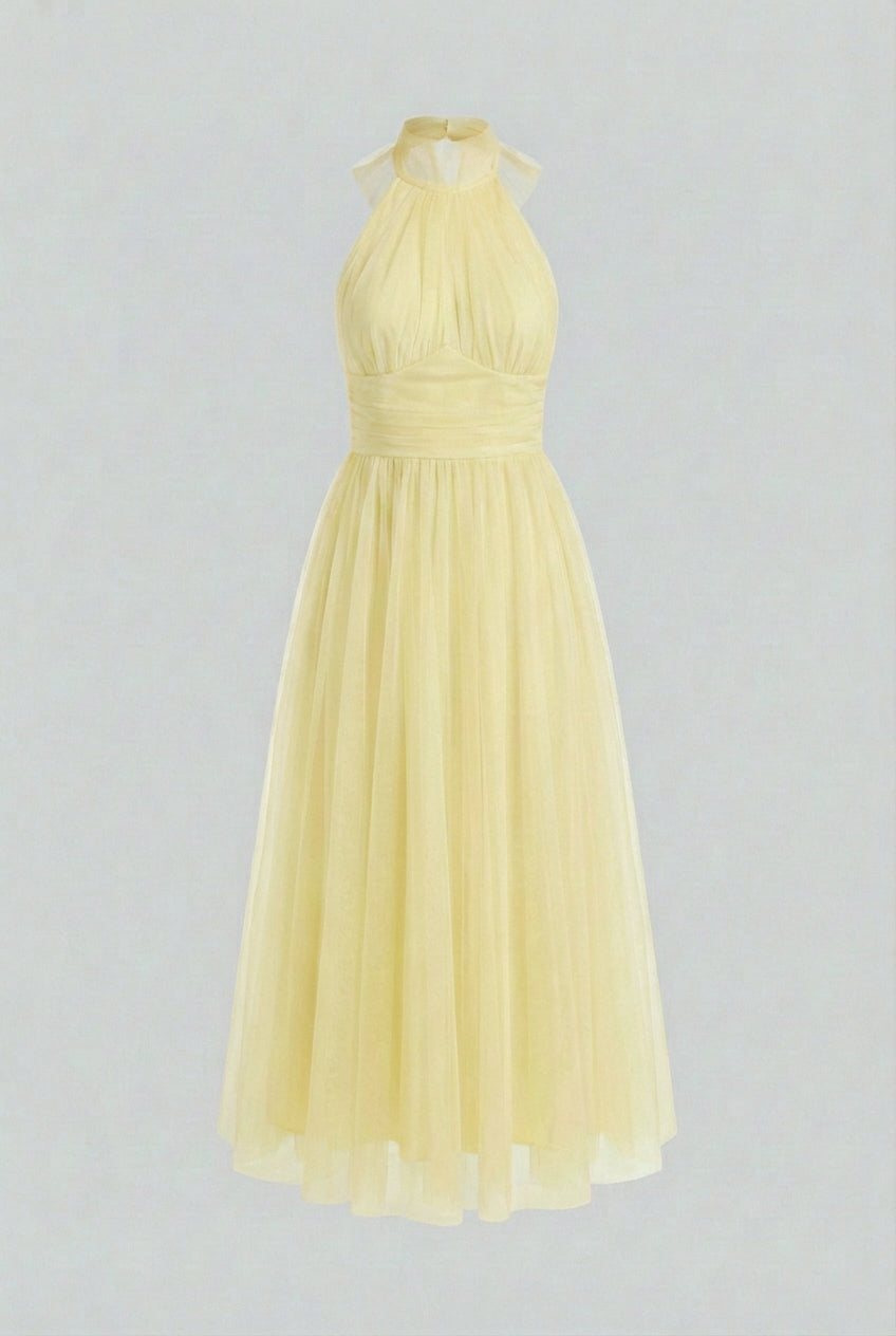 Women's Elegant Yellow Midi Dress with High Neck Design Summer Dress from Clara & James Palm Beach