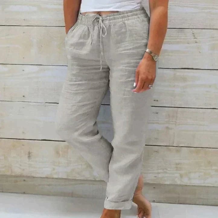 Women's Lightweight Beige Summer Trousers with Elastic Waist Summer Dress from Clara & James Palm Beach