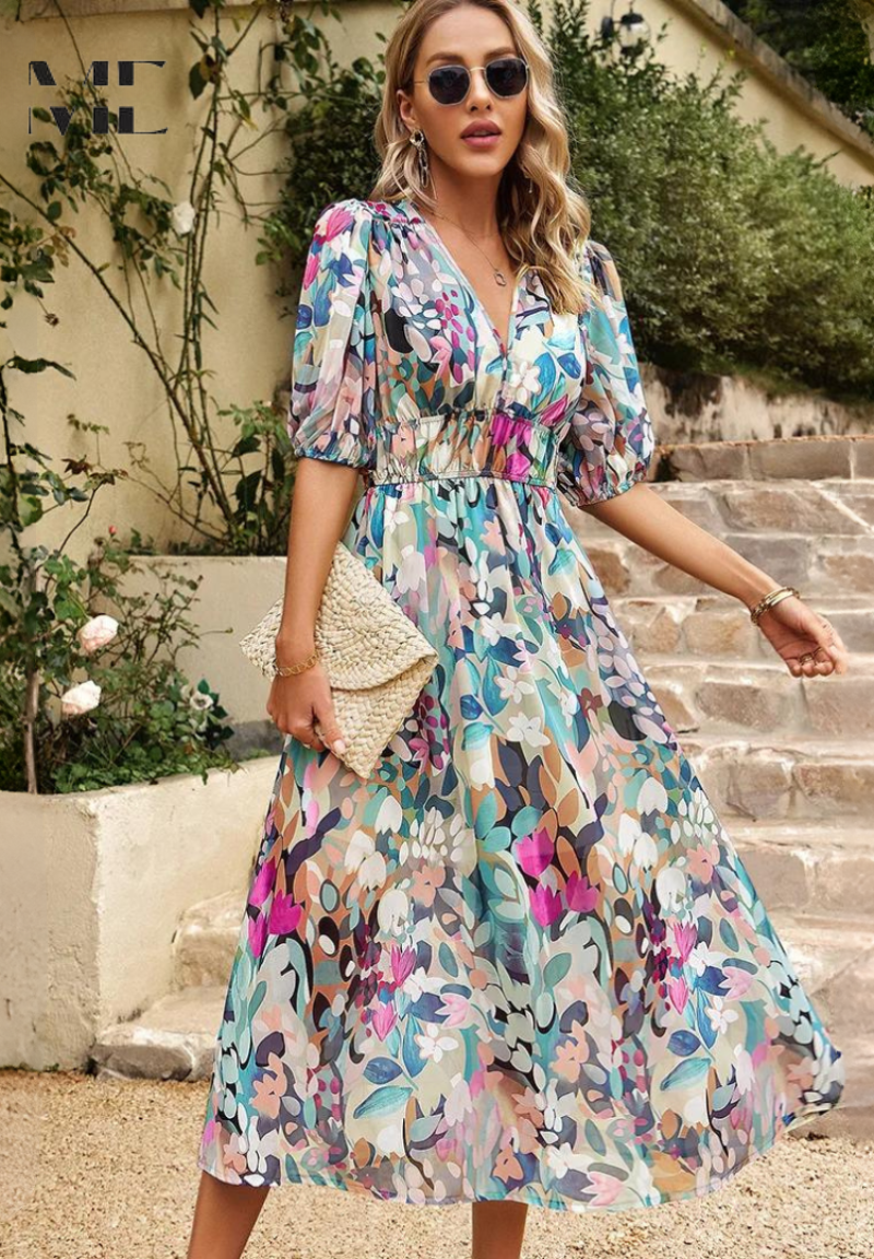 Women's Wedding Guest Midi Dress - V-Neck Floral Wedding Guest Dress from Clara & James Palm Beach