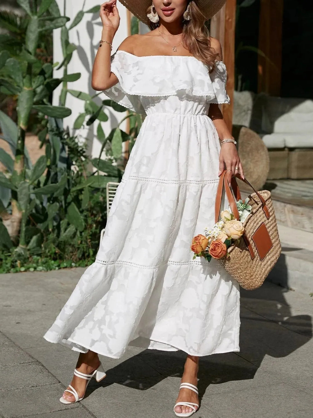 Women's Wedding Guest Midi Dress - Off-Shoulder Tiered Wedding Guest Dress from Clara & James Palm Beach